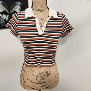 Striped Rib-Knit Polo Crop Top - Rust/Green/White